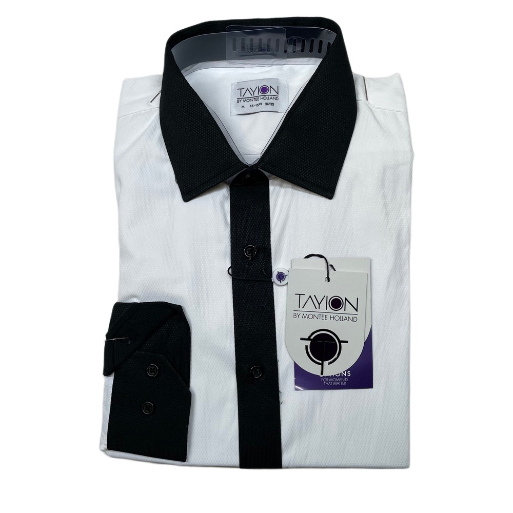 Tayion Slim-Fit Trim Dress Shirt Mens‎ Medium 15-15.5 34/35 White Black $60